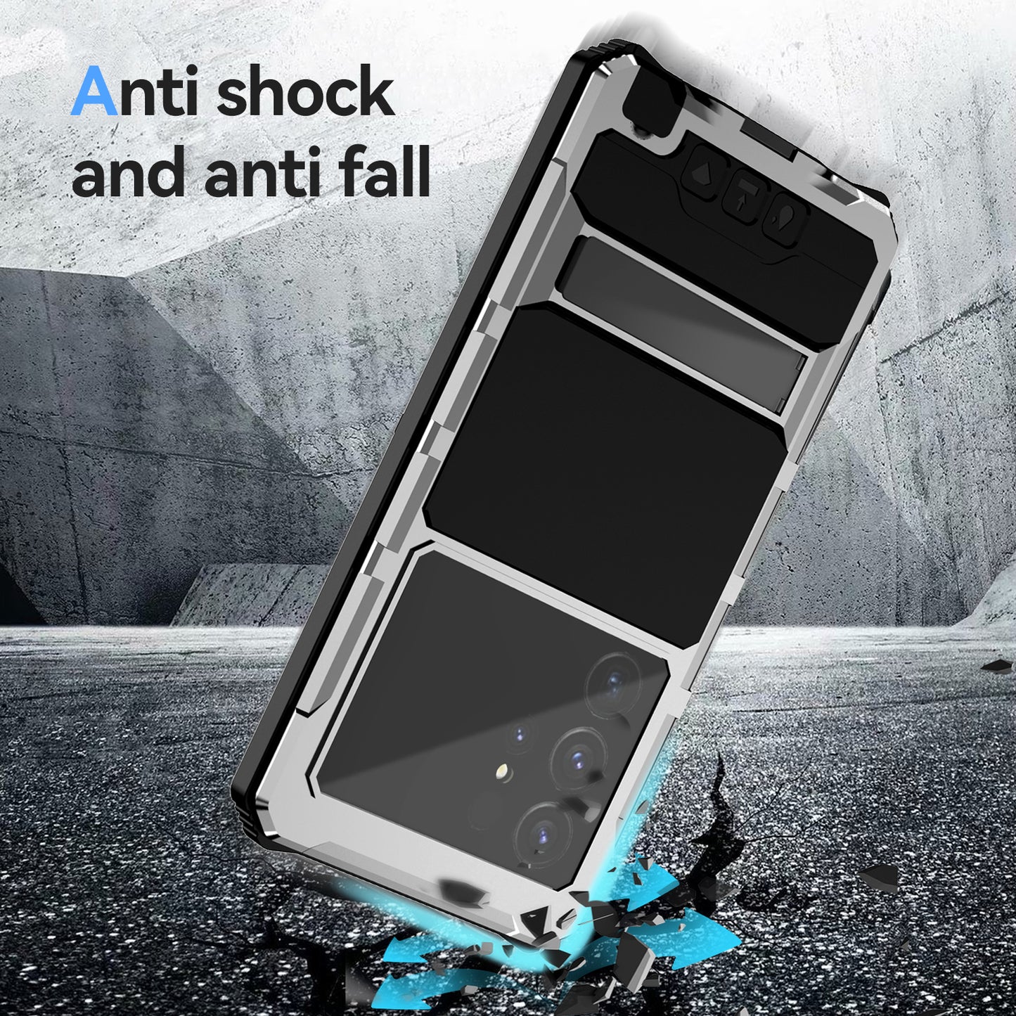 R-JUST For Samsung Galaxy S24 Ultra Shockproof Case Kickstand Drop-proof Cover Tempered Glass Film - Silver
