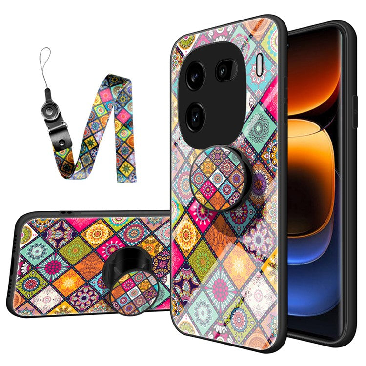 For vivo iQOO 12 5G Kickstand Case Tempered Glass+PC+TPU Cover with Lanyard - Color Pattern