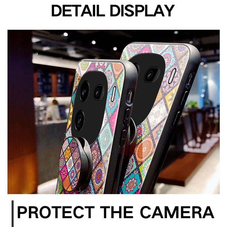 For vivo iQOO 12 5G Kickstand Case Tempered Glass+PC+TPU Cover with Lanyard - Color Pattern