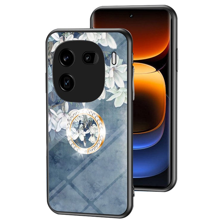 For vivo iQOO 12 5G Tempered Glass Phone Case Kickstand Cover Flower Pattern - Chinese Rose