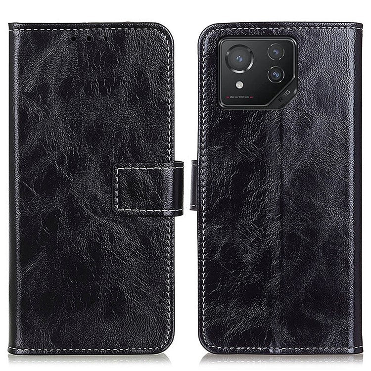Vintage Case for Asus ROG Phone 8 5G / Phone 8 Pro 5G Shell Crazy Horse Texture Leather Stand Cover - Black