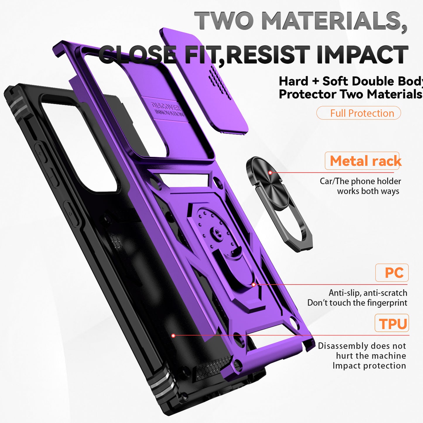 For Samsung Galaxy S24 Ultra Case Kickstand Phone Cover with Slide Lens Protection - Purple