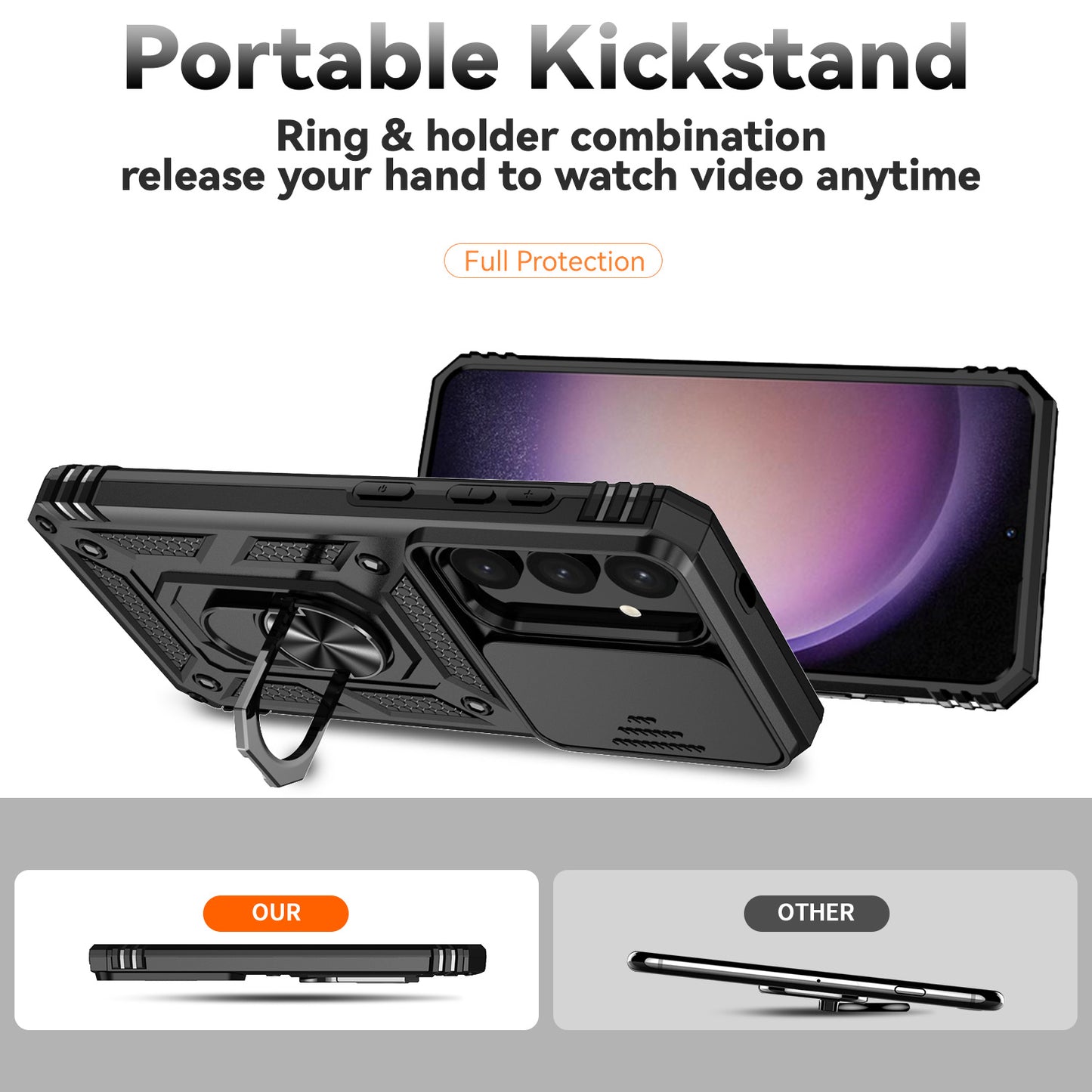 For Samsung Galaxy S24+ Armour Phone Case Camera Protection Kickstand Cover - Black