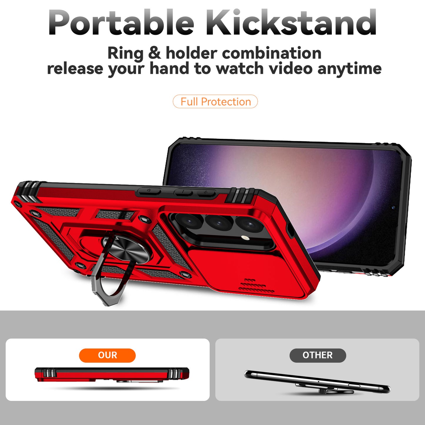 For Samsung Galaxy S24+ Armour Phone Case Camera Protection Kickstand Cover - Red