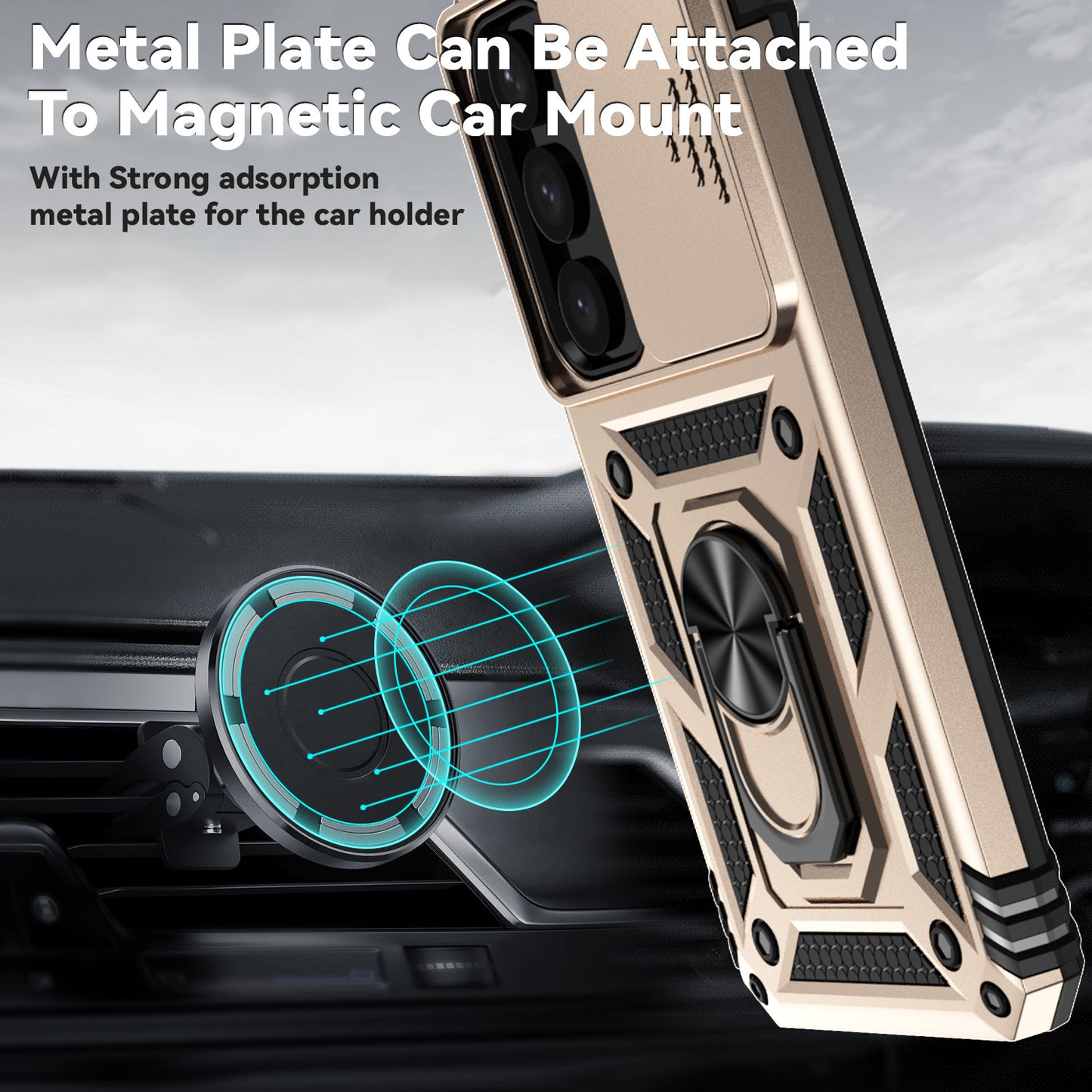 For Samsung Galaxy S24 Case with Camera Slide Protector Kickstand PC+TPU Phone Cover - Gold