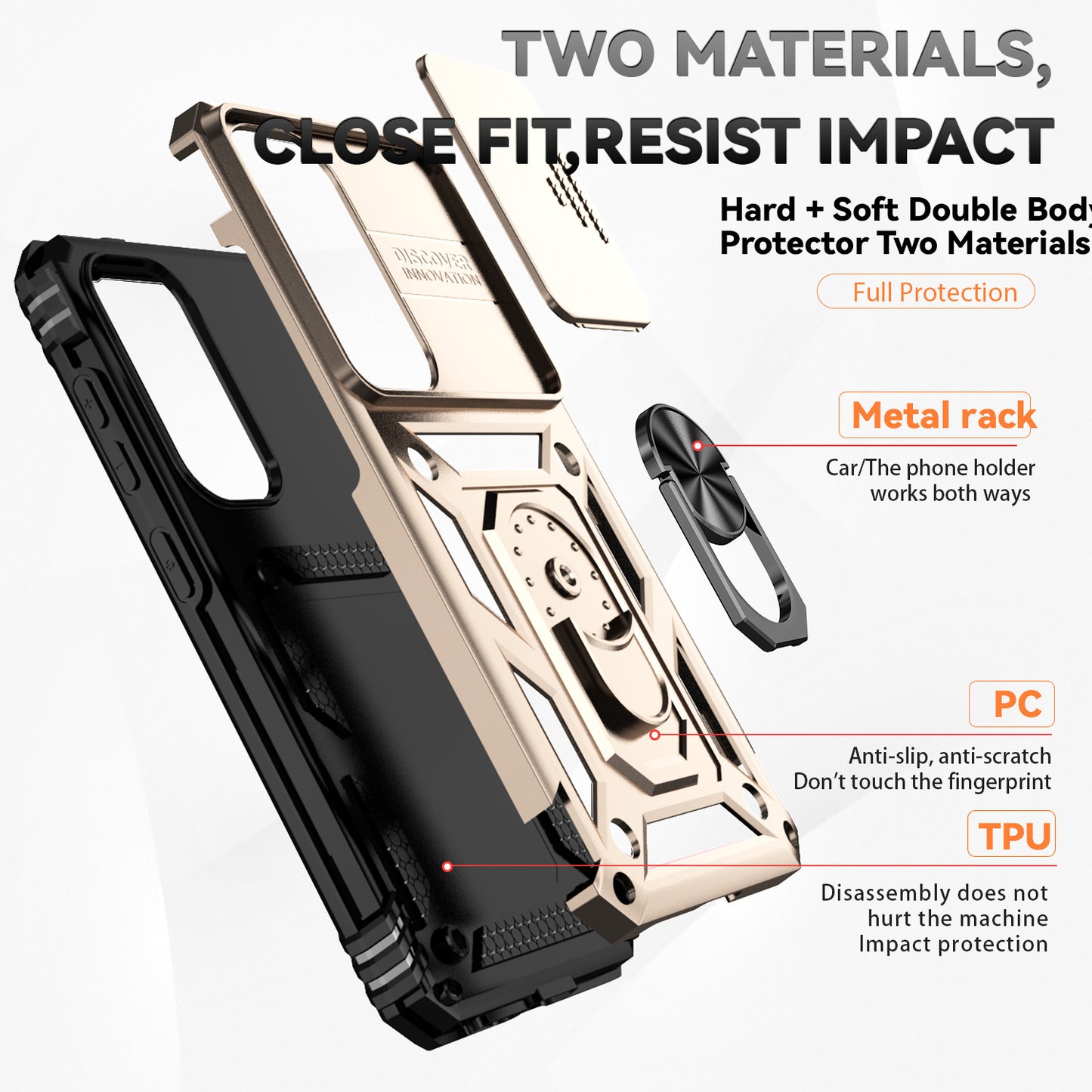 For Samsung Galaxy S24 Case with Camera Slide Protector Kickstand PC+TPU Phone Cover - Gold