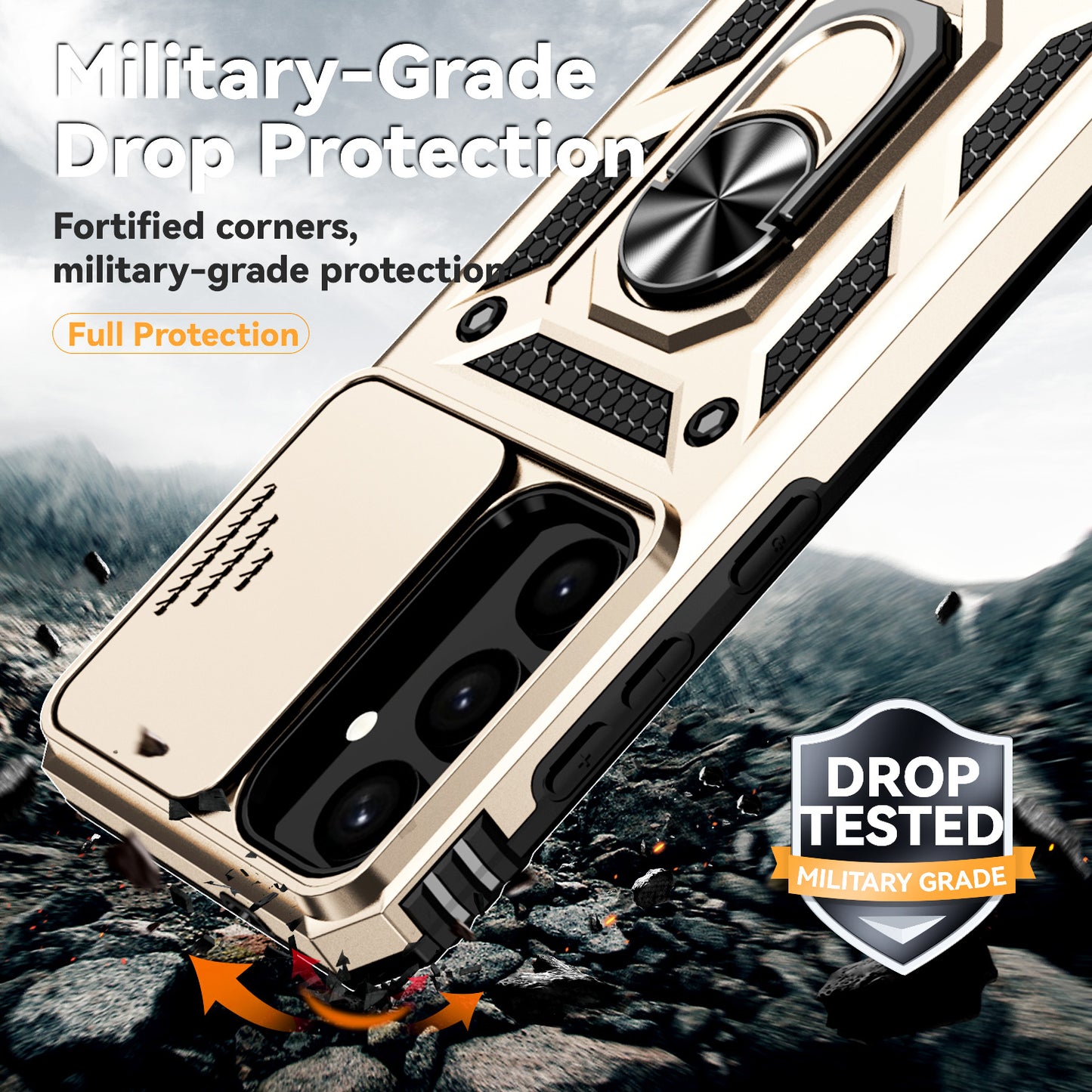 For Samsung Galaxy S24 Case with Camera Slide Protector Kickstand PC+TPU Phone Cover - Gold