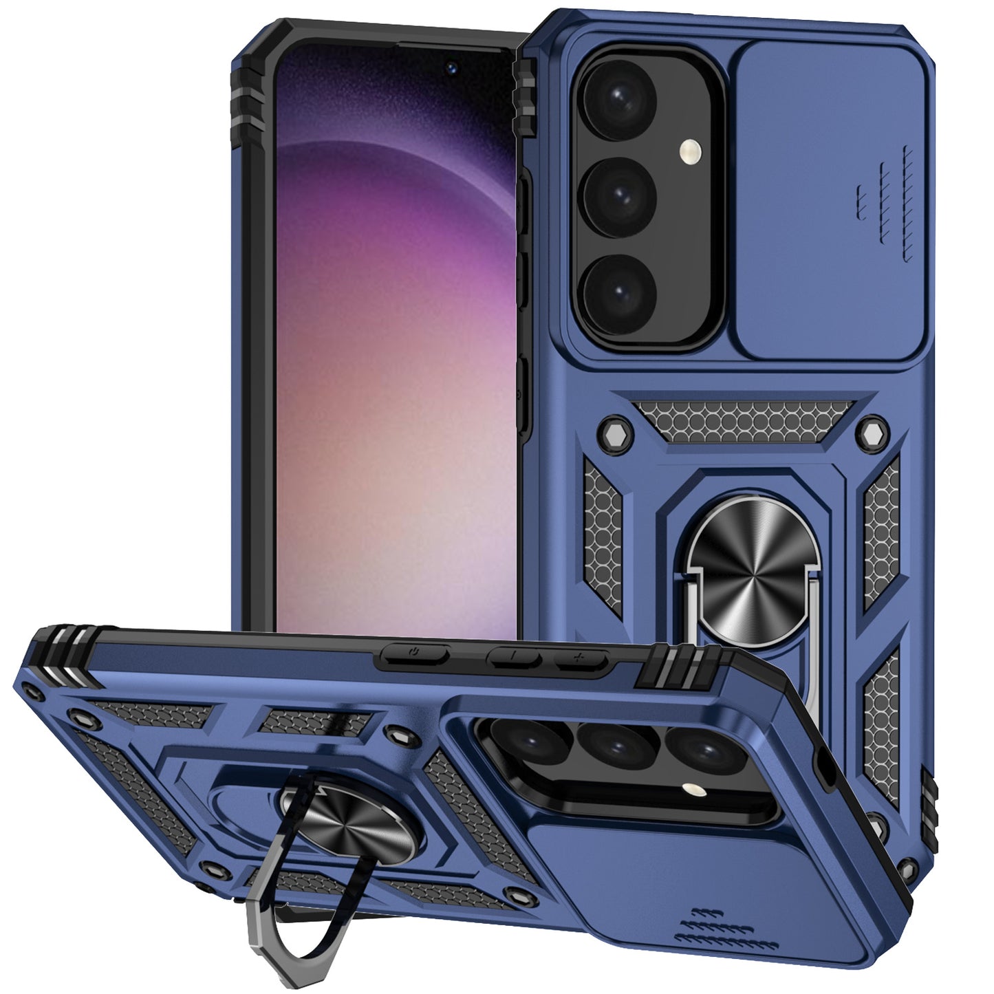For Samsung Galaxy S24 Case with Camera Slide Protector Kickstand PC+TPU Phone Cover - Blue