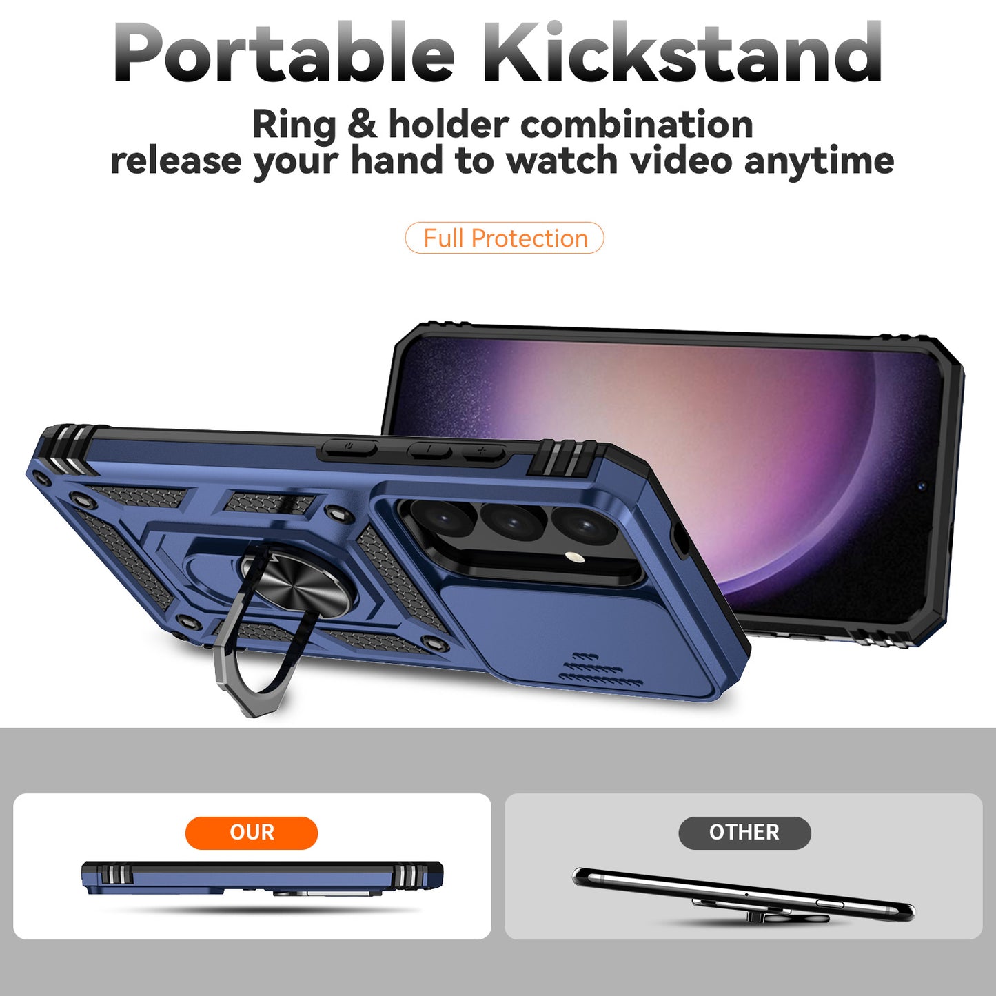 For Samsung Galaxy S24 Case with Camera Slide Protector Kickstand PC+TPU Phone Cover - Blue