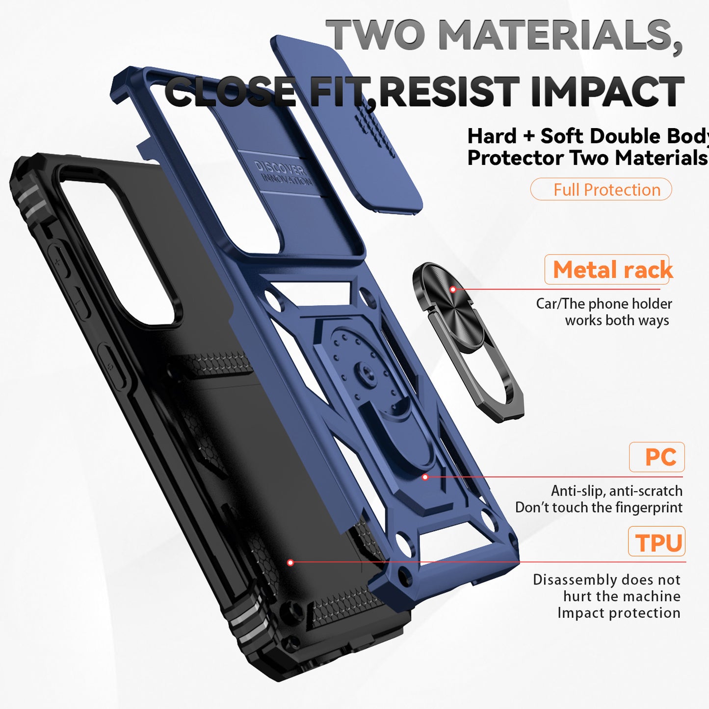 For Samsung Galaxy S24 Case with Camera Slide Protector Kickstand PC+TPU Phone Cover - Blue