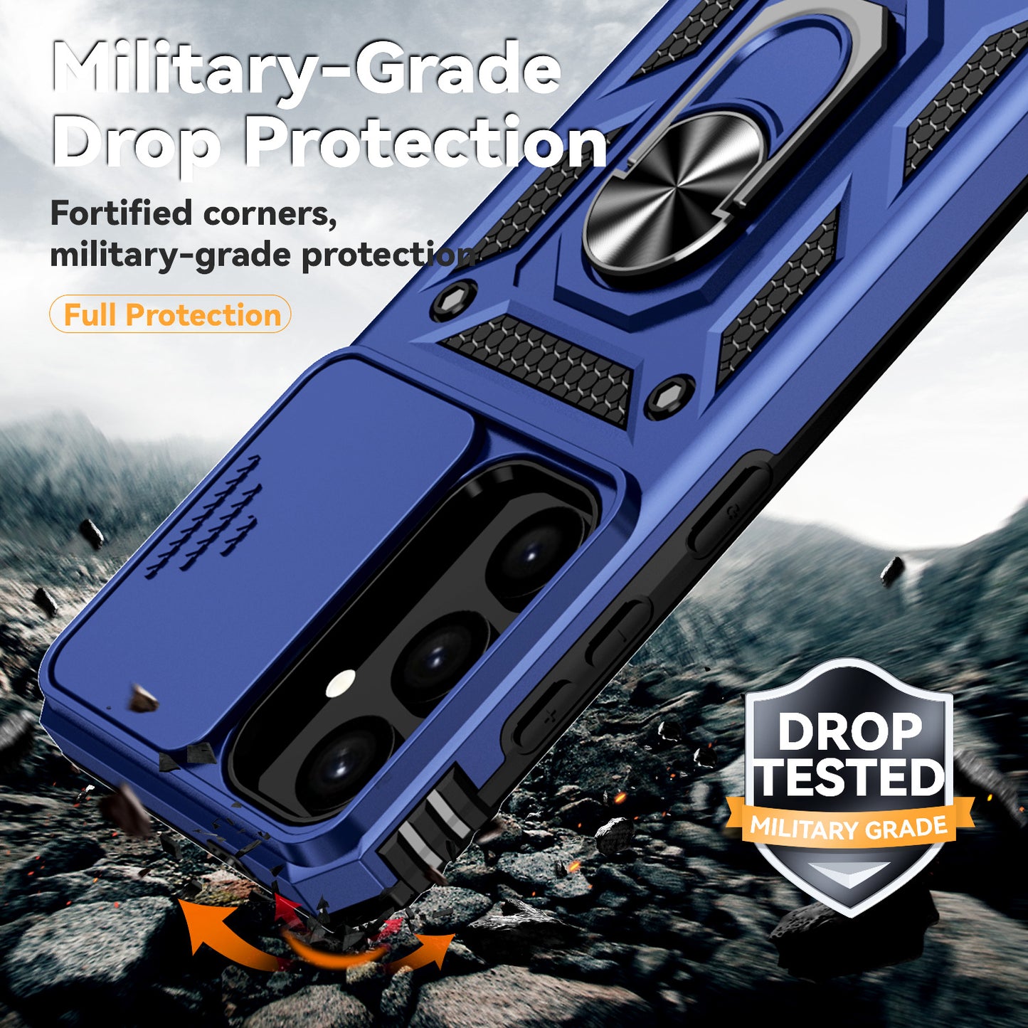 For Samsung Galaxy S24 Case with Camera Slide Protector Kickstand PC+TPU Phone Cover - Blue