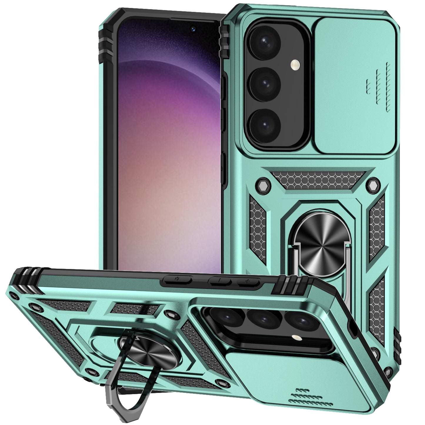 For Samsung Galaxy S24 Case with Camera Slide Protector Kickstand PC+TPU Phone Cover - Green