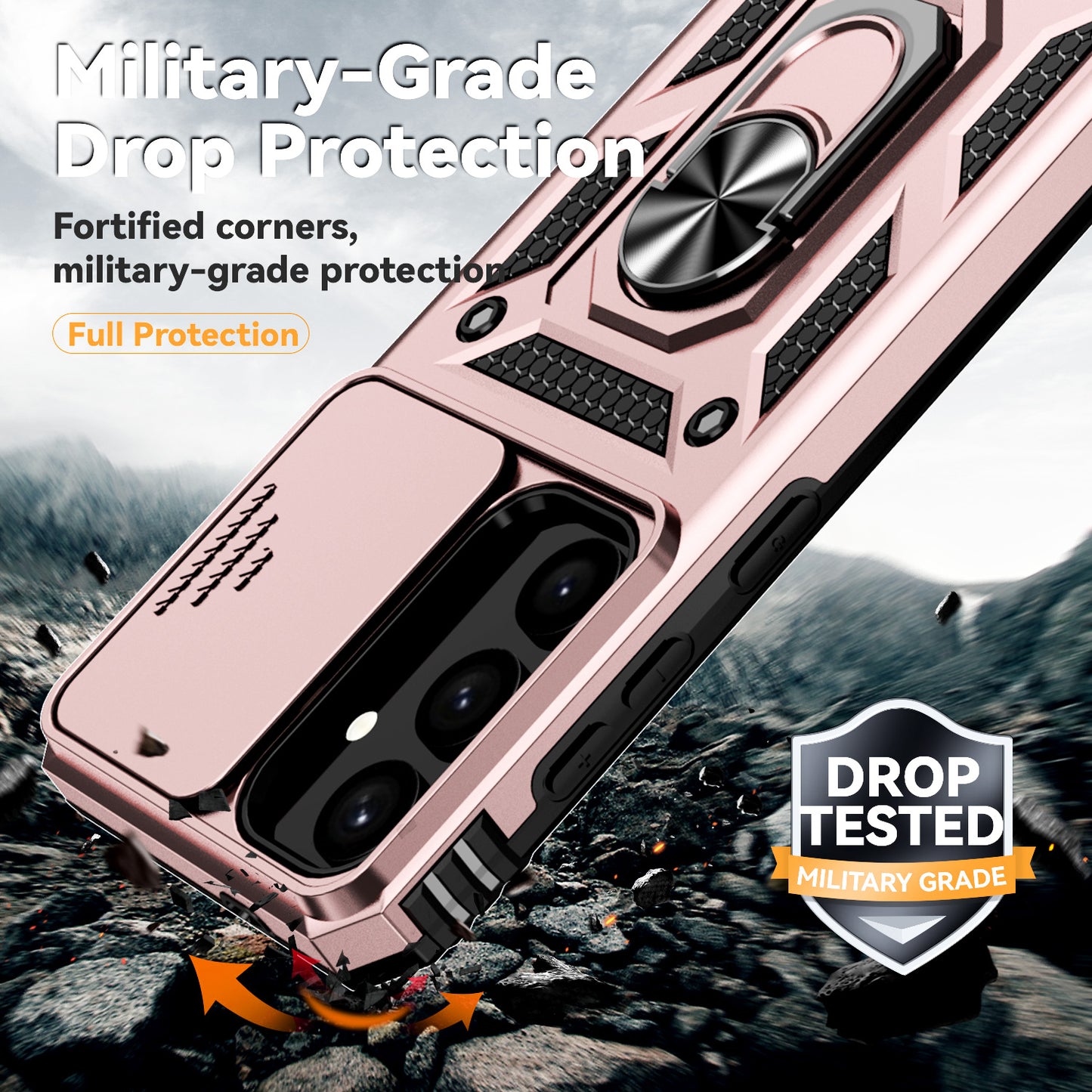 For Samsung Galaxy S24 Case with Camera Slide Protector Kickstand PC+TPU Phone Cover - Rose Gold