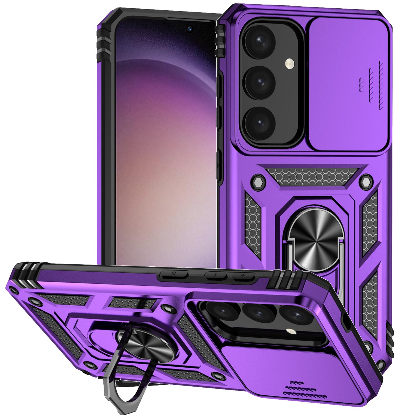 For Samsung Galaxy S24 Case with Camera Slide Protector Kickstand PC+TPU Phone Cover - Purple