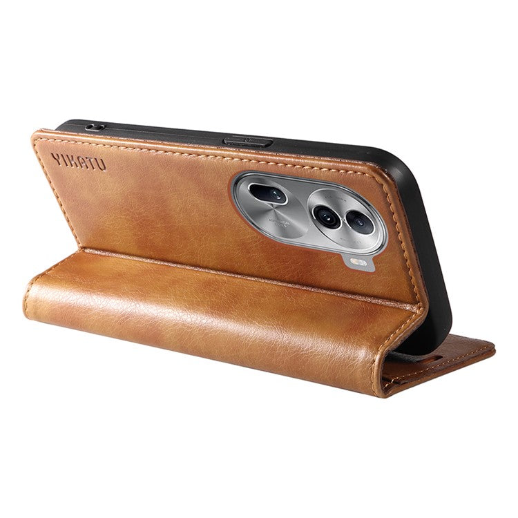 YIKATU YK-006 For Oppo Reno11 5G (Global) Cell Phone Case Litchi Texture PU Leather Stand Wallet Cover - Brown