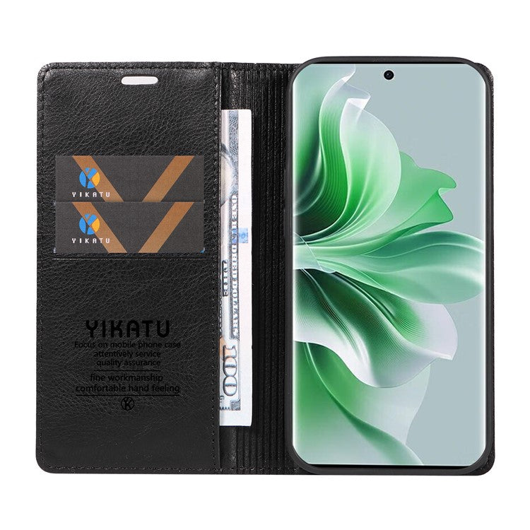YIKATU YK-006 For Oppo Reno11 5G (Global) Cell Phone Case Litchi Texture PU Leather Stand Wallet Cover - Black