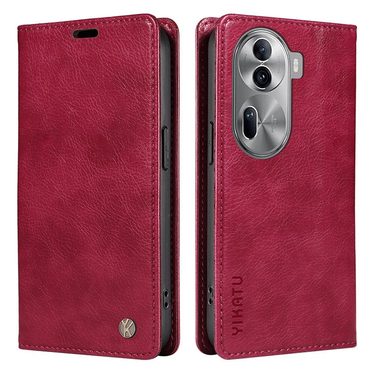 YIKATU YK-006 For Oppo Reno11 5G (Global) Cell Phone Case Litchi Texture PU Leather Stand Wallet Cover - Wine Red