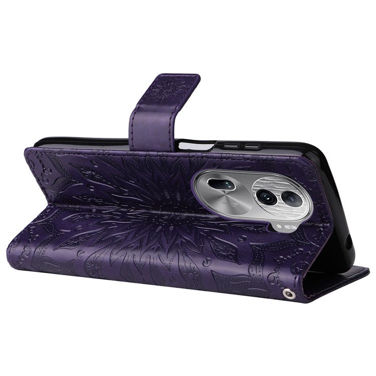 KT Imprinting Flower Series-1 For Oppo Reno11 Pro 5G (Global) Case Leather Wallet Cover with Wrist Strap - Purple
