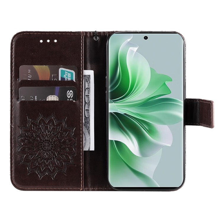 KT Imprinting Flower Series-1 For Oppo Reno11 Pro 5G (Global) Case Leather Wallet Cover with Wrist Strap - Brown