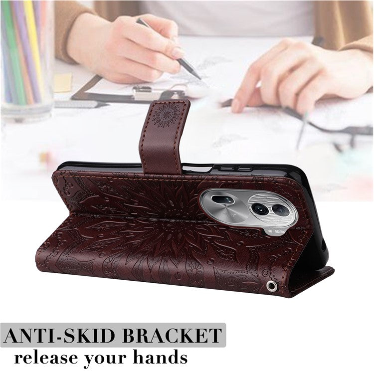 KT Imprinting Flower Series-1 For Oppo Reno11 Pro 5G (Global) Case Leather Wallet Cover with Wrist Strap - Brown