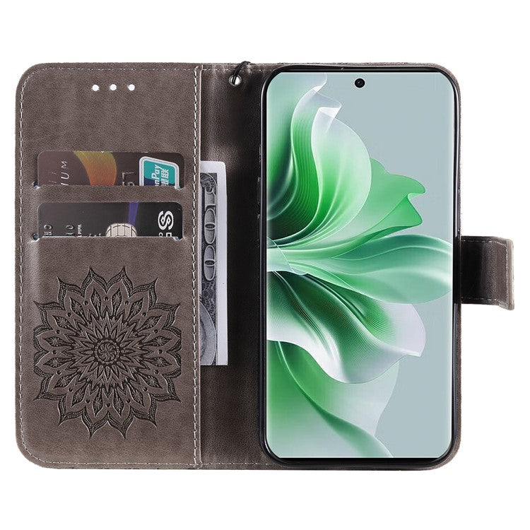 KT Imprinting Flower Series-1 For Oppo Reno11 Pro 5G (Global) Case Leather Wallet Cover with Wrist Strap - Grey