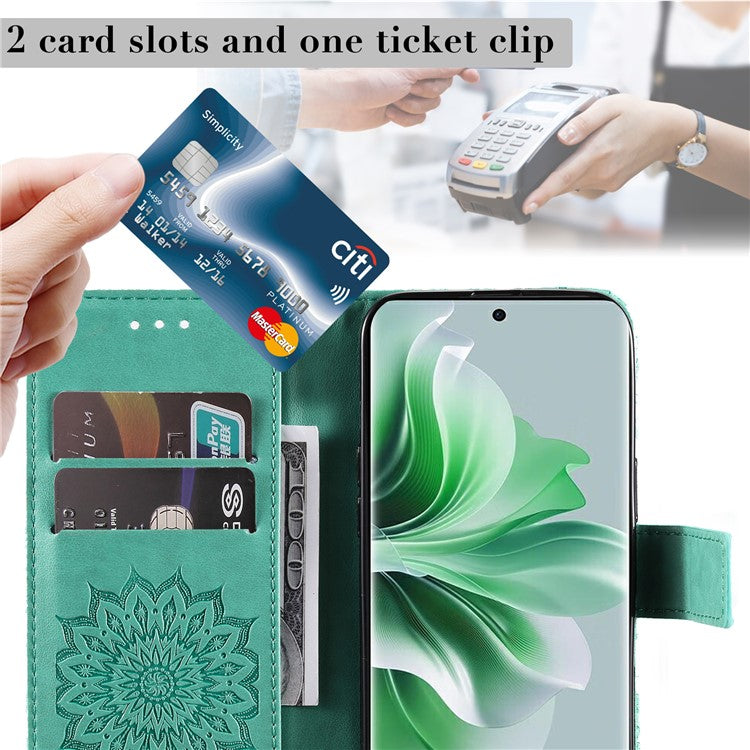 KT Imprinting Flower Series-1 For Oppo Reno11 5G (Global) Cell Phone Case Wallet Cover - Green