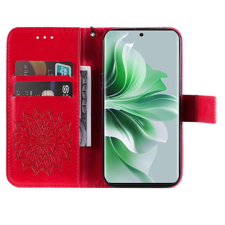KT Imprinting Flower Series-1 For Oppo Reno11 5G (Global) Cell Phone Case Wallet Cover - Red