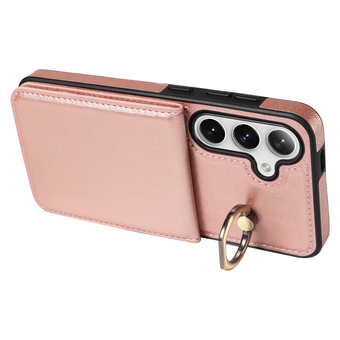 004 For Samsung Galaxy S24 Case Magnetic PU Leather+TPU Litchi Texture Phone Shell with Ring Holder - Rose Gold