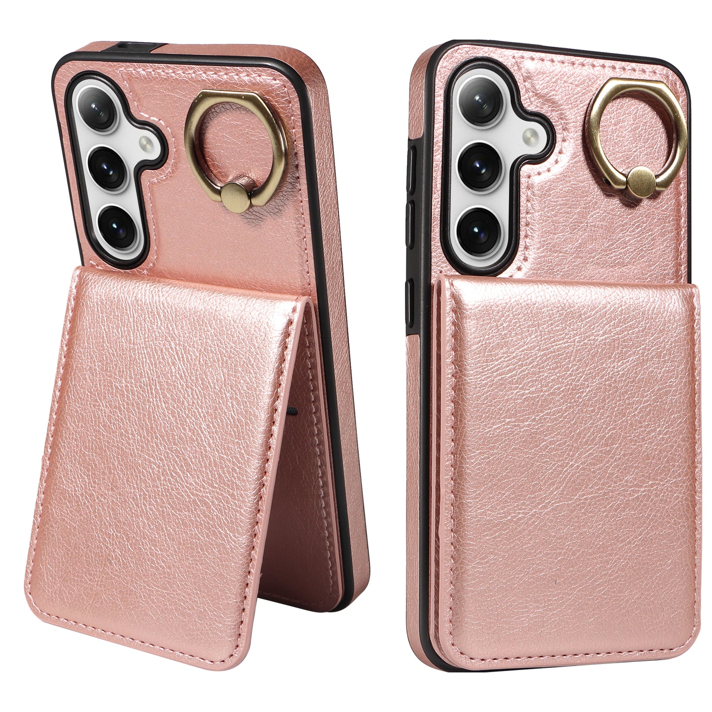 004 For Samsung Galaxy S24 Case Magnetic PU Leather+TPU Litchi Texture Phone Shell with Ring Holder - Rose Gold