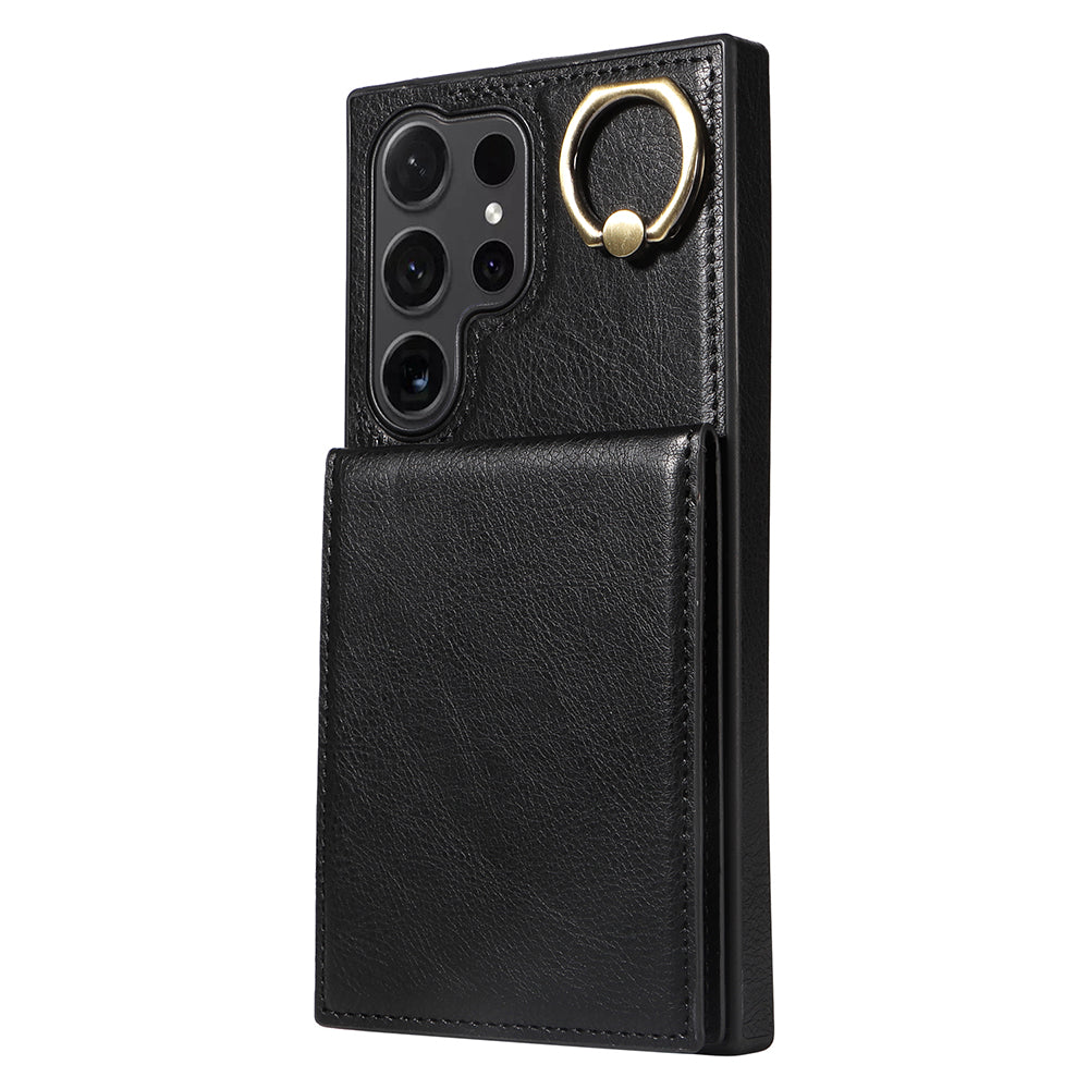 004 for Samsung Galaxy S24 Ultra Phone Case Litchi Texture Back Cover Card Holder - Black