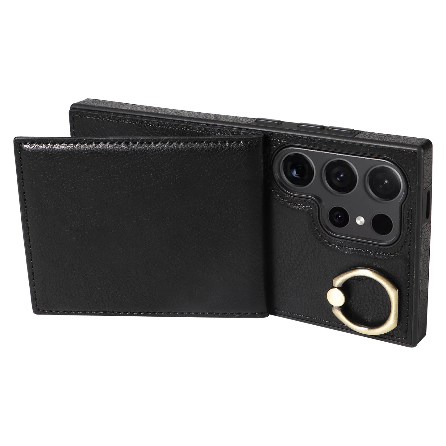 004 for Samsung Galaxy S24 Ultra Phone Case Litchi Texture Back Cover Card Holder - Black