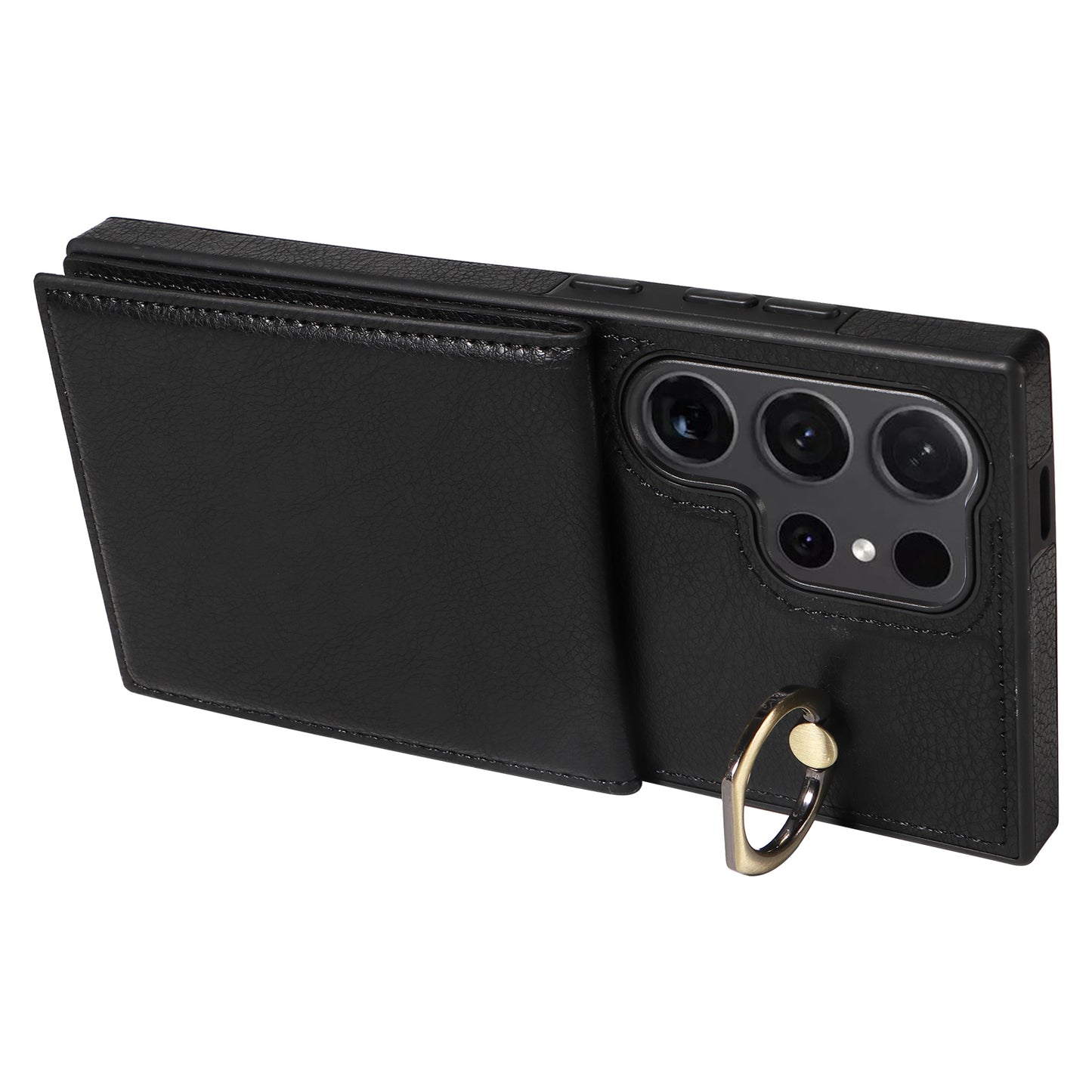 004 for Samsung Galaxy S24 Ultra Phone Case Litchi Texture Back Cover Card Holder - Black