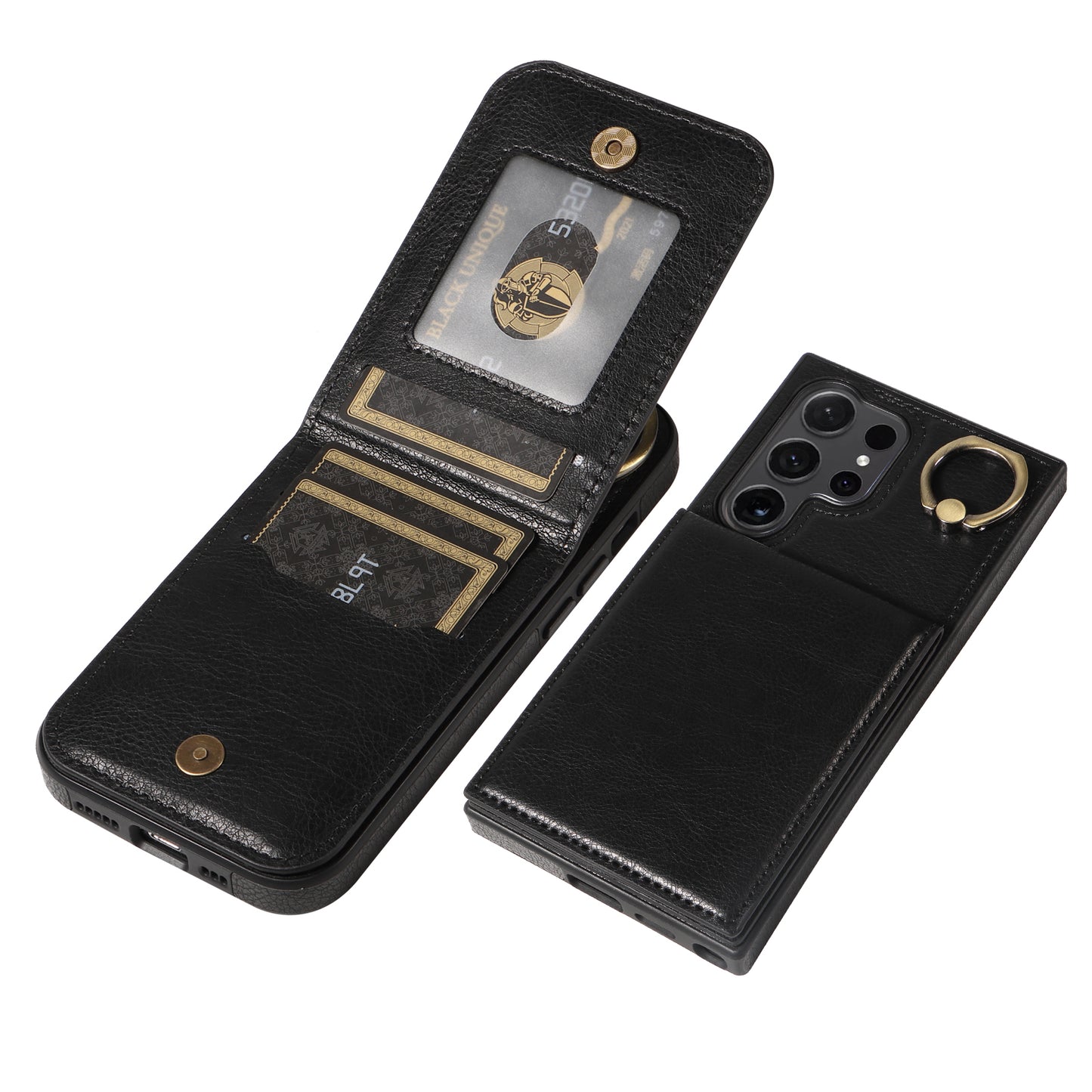 004 for Samsung Galaxy S24 Ultra Phone Case Litchi Texture Back Cover Card Holder - Black