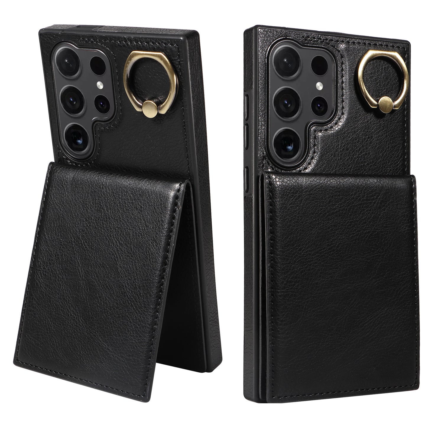 004 for Samsung Galaxy S24 Ultra Phone Case Litchi Texture Back Cover Card Holder - Black