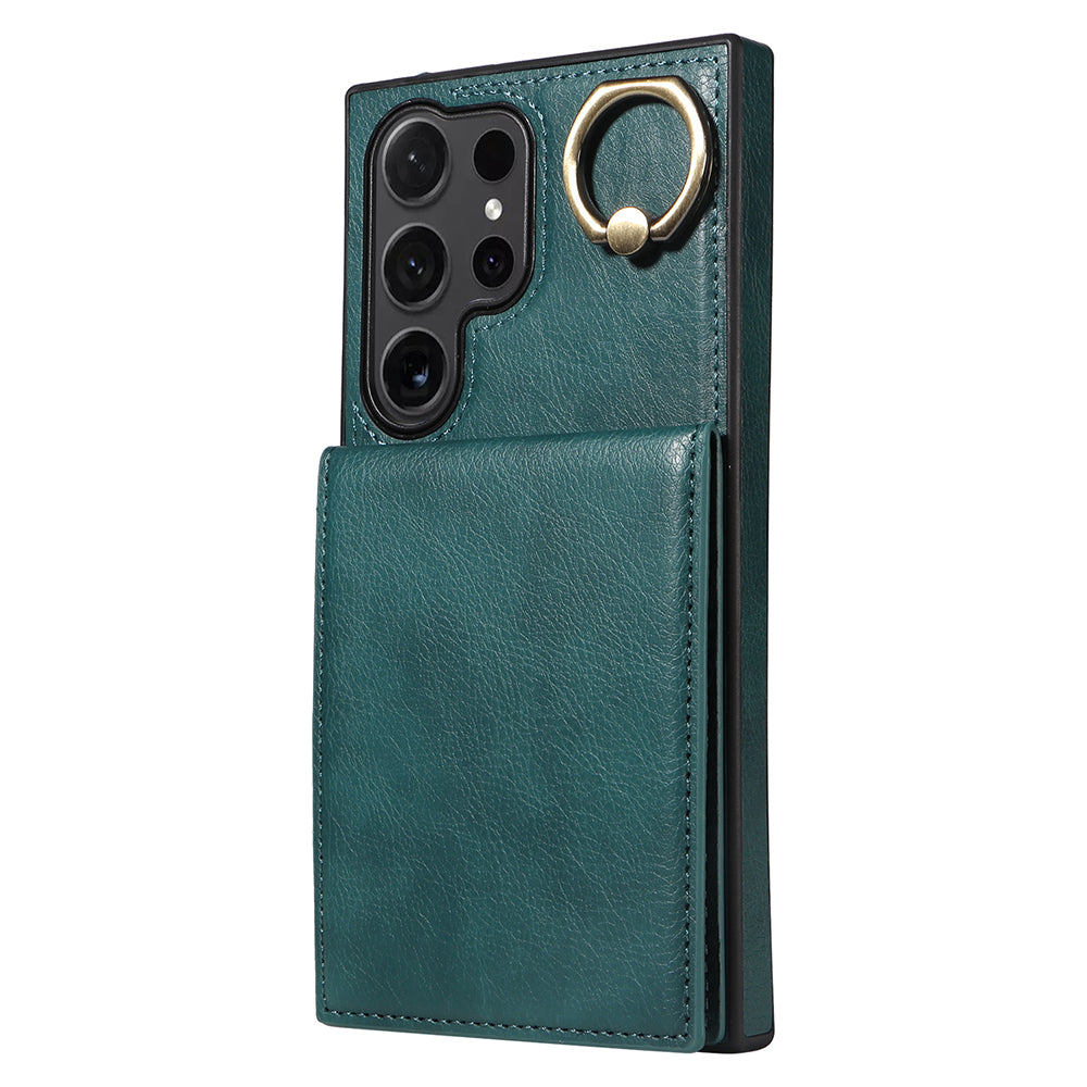 004 for Samsung Galaxy S24 Ultra Phone Case Litchi Texture Back Cover Card Holder - Green
