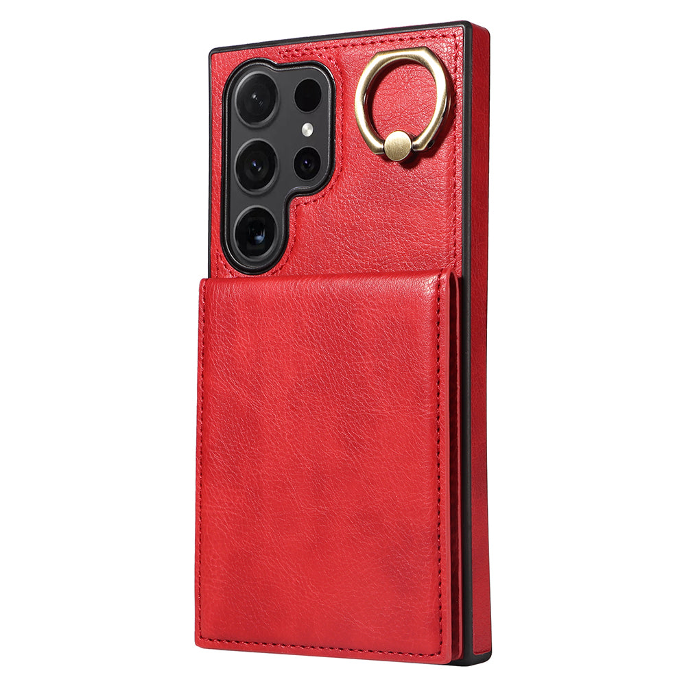 004 for Samsung Galaxy S24 Ultra Phone Case Litchi Texture Back Cover Card Holder - Red