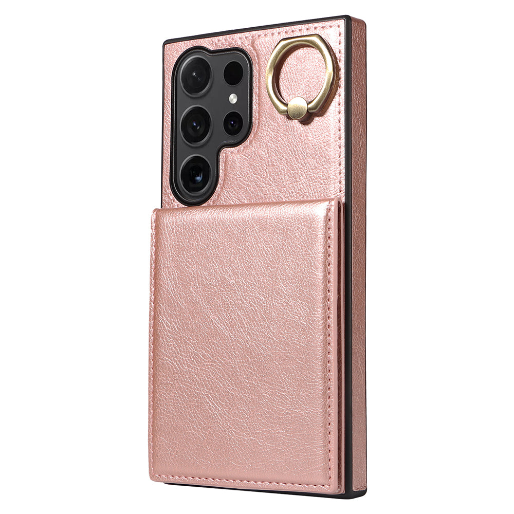 004 for Samsung Galaxy S24 Ultra Phone Case Litchi Texture Back Cover Card Holder - Rose Gold