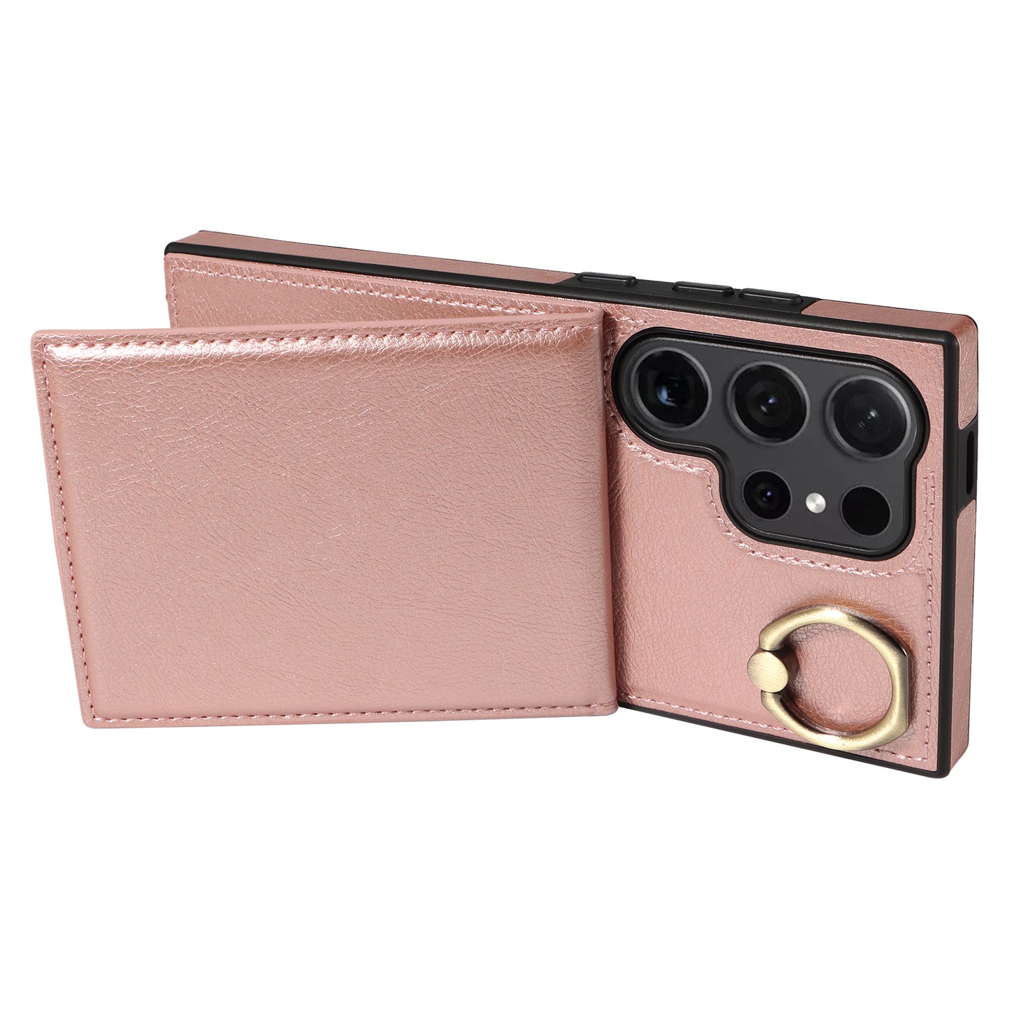 004 for Samsung Galaxy S24 Ultra Phone Case Litchi Texture Back Cover Card Holder - Rose Gold