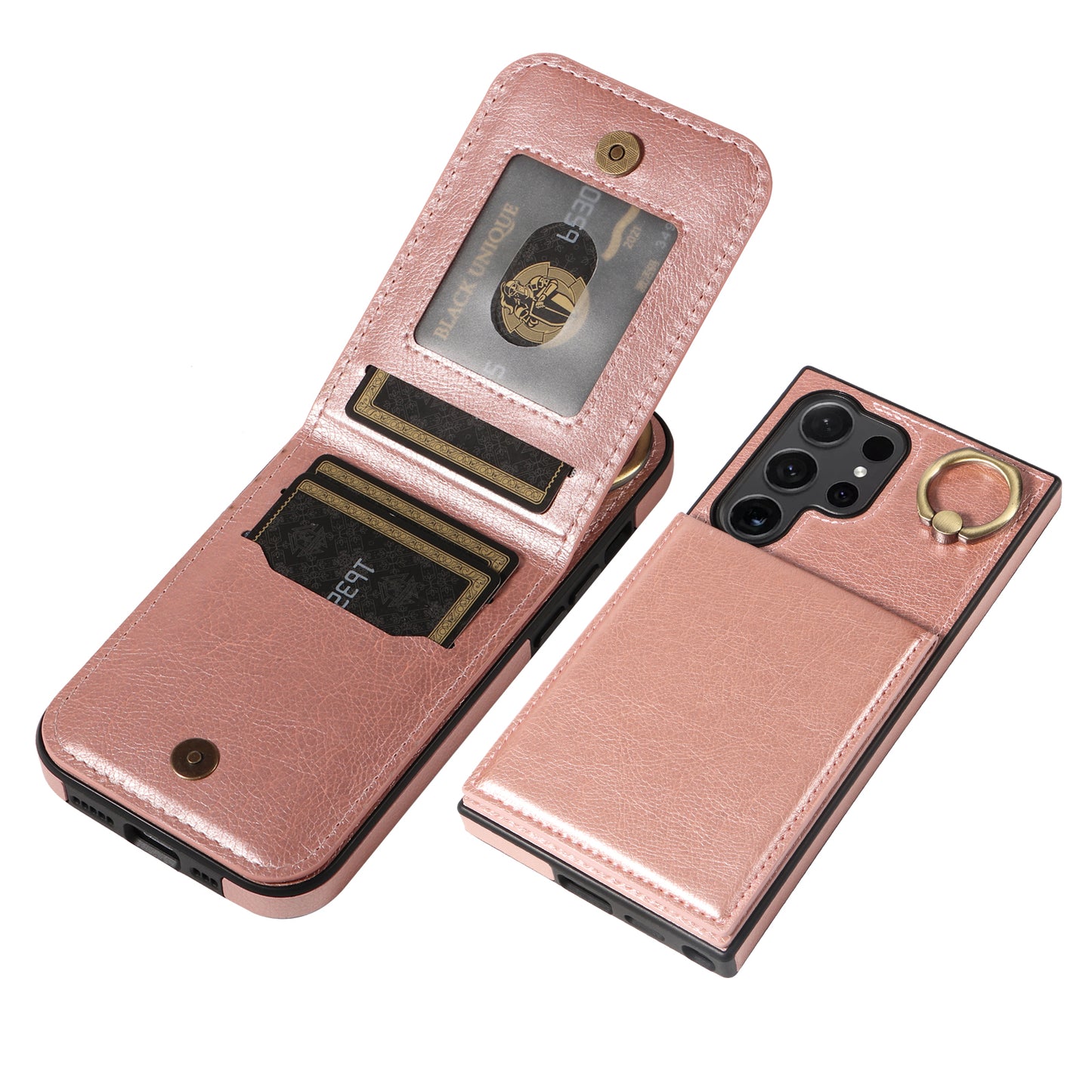 004 for Samsung Galaxy S24 Ultra Phone Case Litchi Texture Back Cover Card Holder - Rose Gold