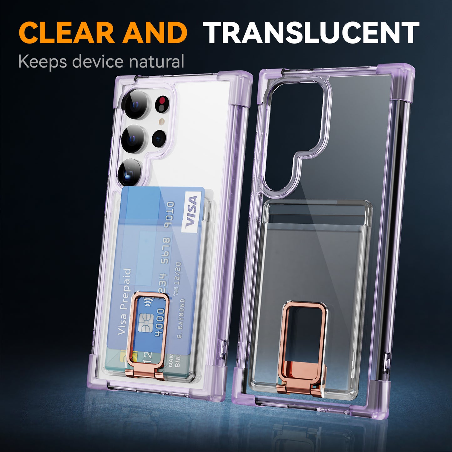 YSM Reinforced Corners Series for Samsung Galaxy S24 Ultra Kickstand Phone Case Card Holder - Transparent Purple