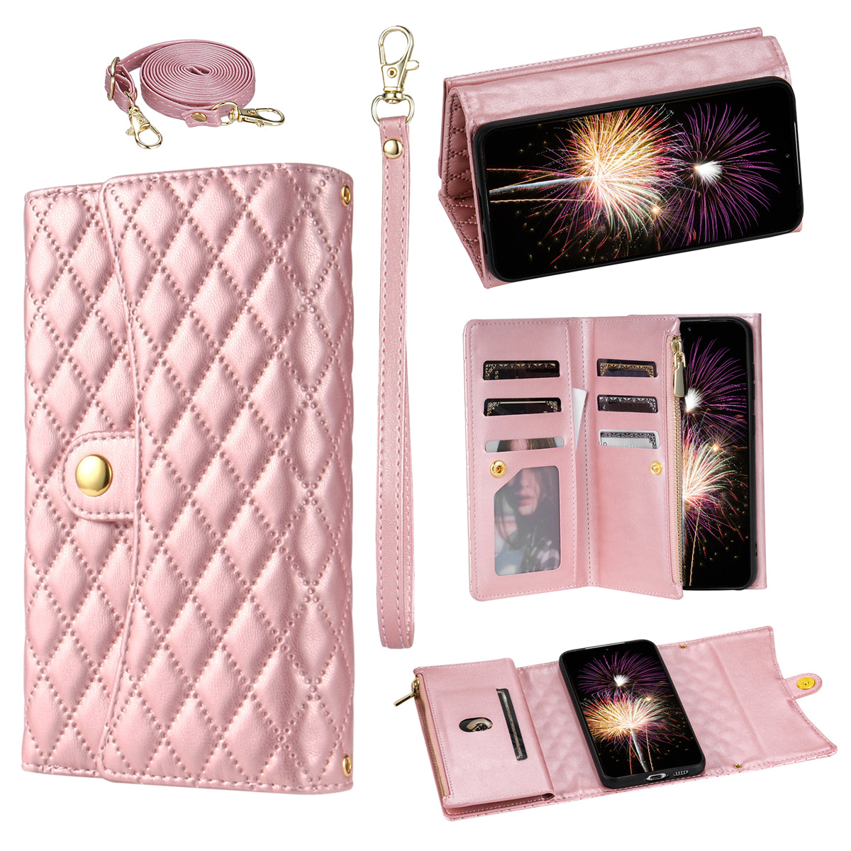 BKS-002 For Samsung Galaxy S24+ Wallet Case PU Leather Phone Cover Handbag with Long Strap - Rose Gold