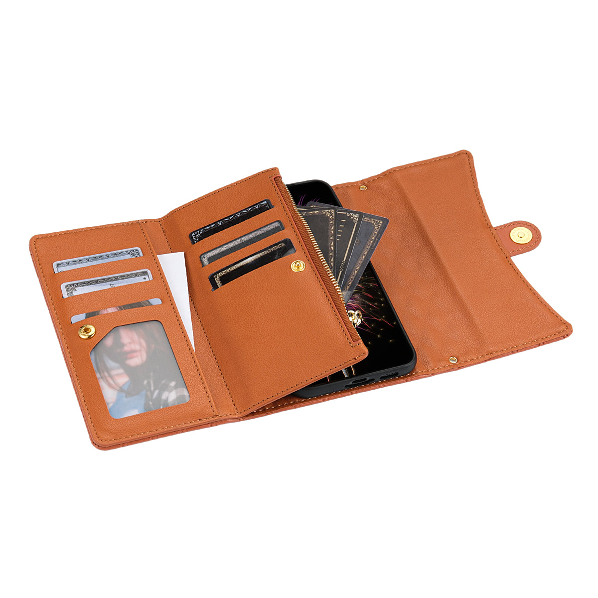 BKS-002 For Samsung Galaxy S24 Leather Flip Case Phone Cover Card Slots Zipper Pocket - Brown