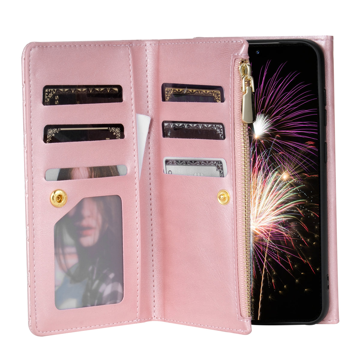 BKS-002 For Samsung Galaxy S24 Leather Flip Case Phone Cover Card Slots Zipper Pocket - Rose Gold