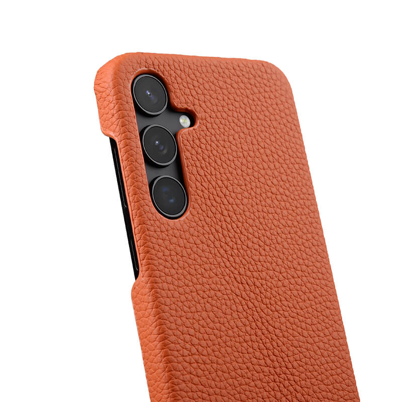 MELKCO For Samsung Galaxy S24 Case Genuine Cow Leather+PC Cell Phone Cover - Orange
