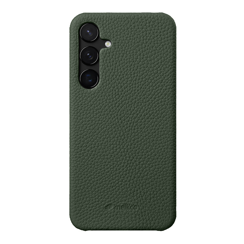 MELKCO For Samsung Galaxy S24+ Cell Phone Case Drop Proof Genuine Cow Leather+PC Cover - Dark Green