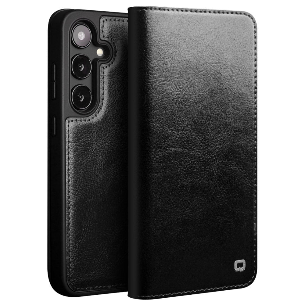 QIALINO For Samsung Galaxy S24 Phone Case Genuine Cow Leather Flip Stand Cover - Black