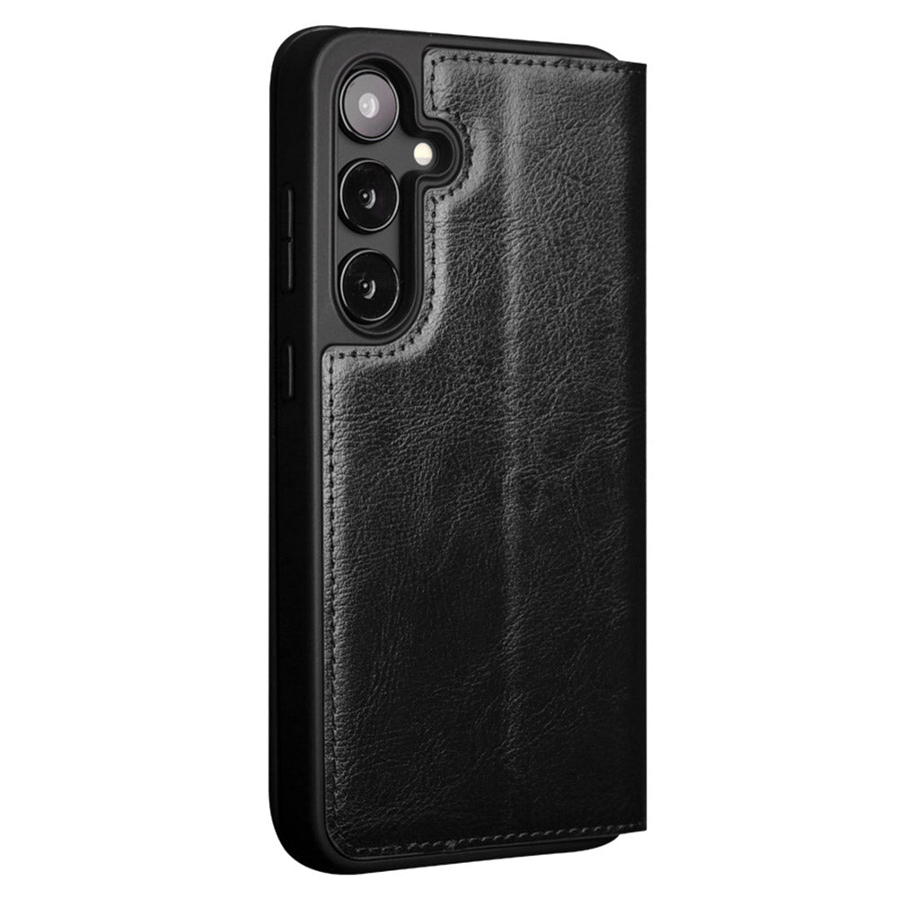 QIALINO For Samsung Galaxy S24 Phone Case Genuine Cow Leather Flip Stand Cover - Black