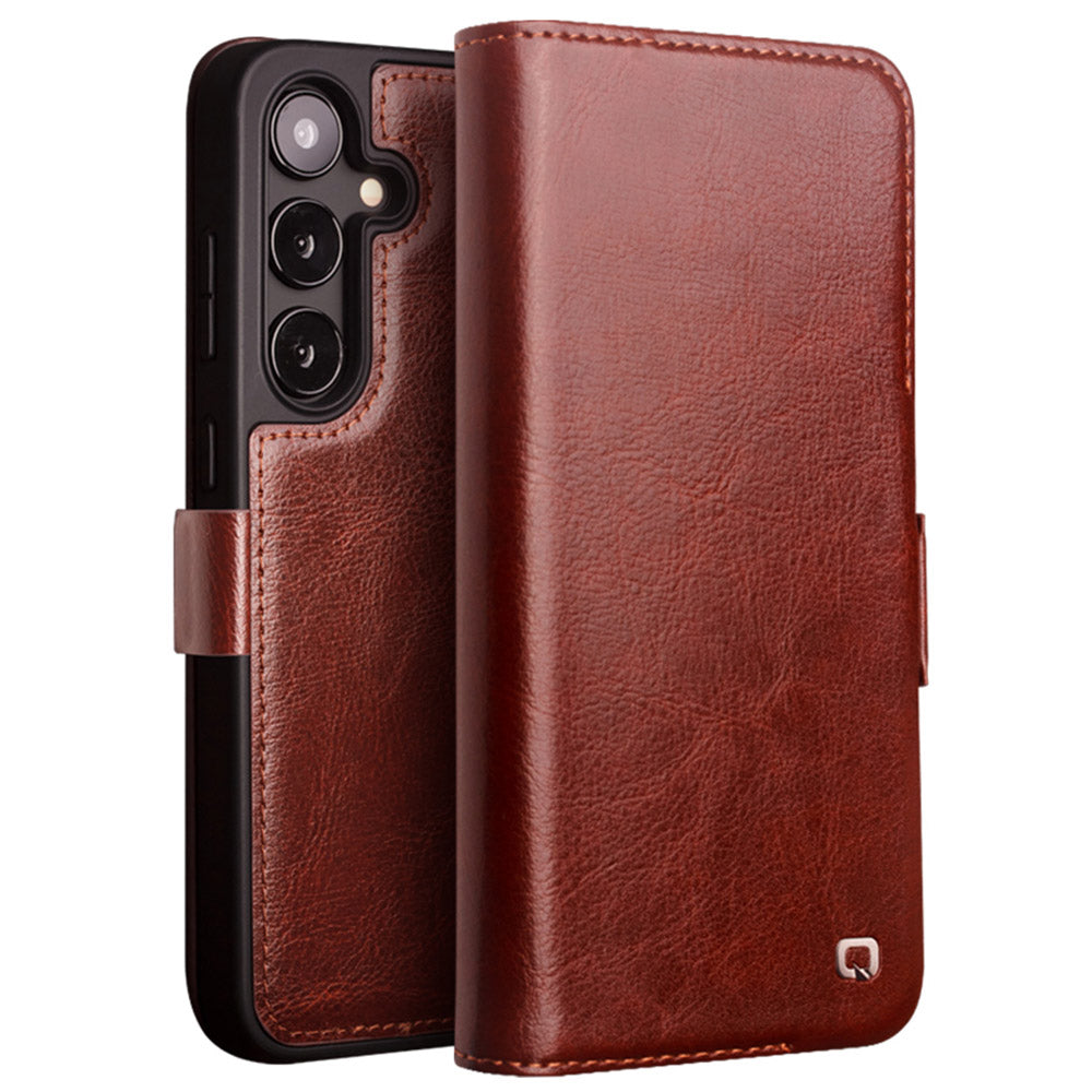 QIALINO For Samsung Galaxy S24 Phone Case Protective Genuine Cow Leather Cover - Brown