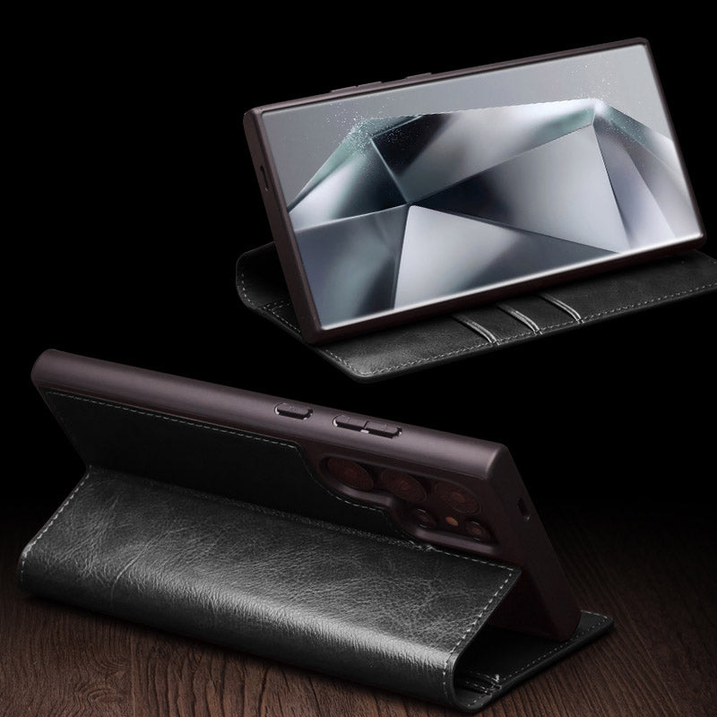 QIALINO For Samsung Galaxy S24 Ultra Case Wallet Flip Stand Phone Cover Genuine Cow Leather - Black