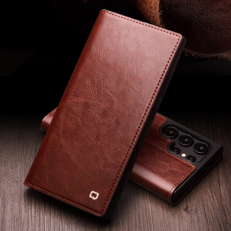 QIALINO For Samsung Galaxy S24 Ultra Case Wallet Flip Stand Phone Cover Genuine Cow Leather - Brown